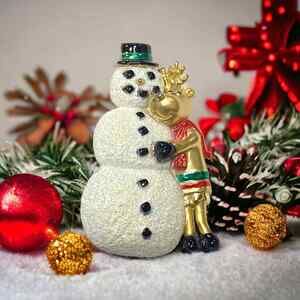 Vintage Signed AJC Gold Plated / Enamel Snowman Reindeer holiday Brooch Pin